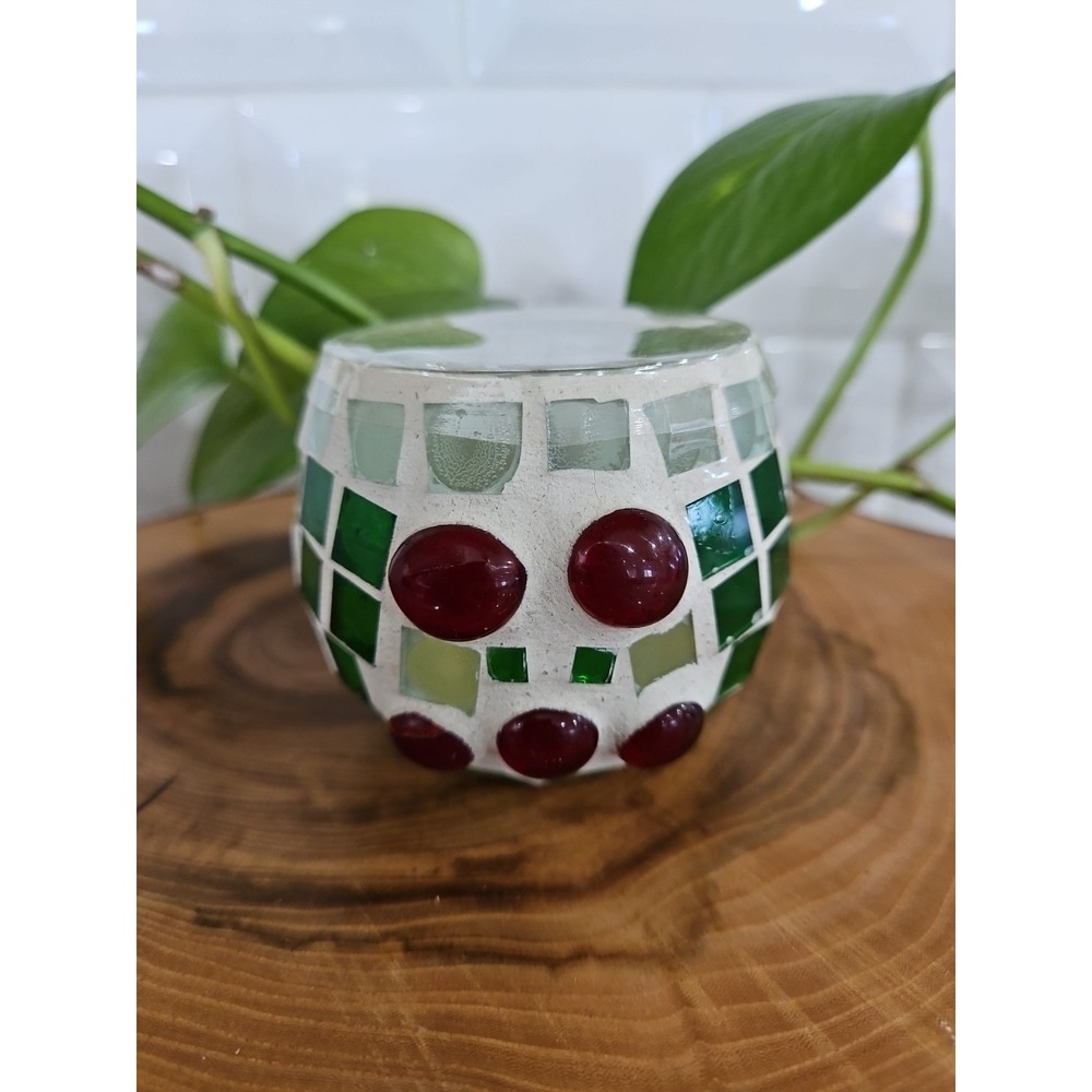 Mosai Green & Red Candle Holders 3"  H With Unburned Candle!!!